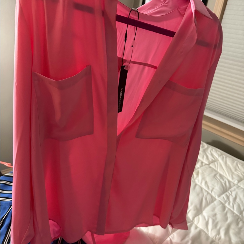 Fashion Nova Hot Pink Sheer Button-Up Blouse